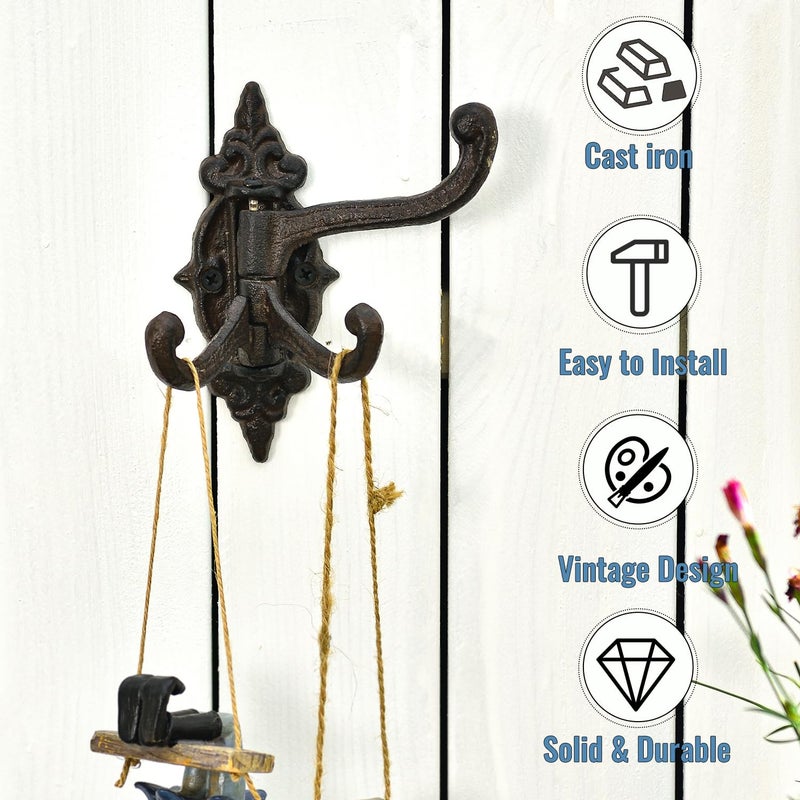 Sungmor 2-Pack Cast Iron 3-in-1 Flexible & Functional Swivel Wall Hook - Vintage Coat Hook Garden Planter Hanger - Heavy Duty Solid Metal Swing Hook - Clothes Hats Towels Bags Pots Tools Hanger - Image 5